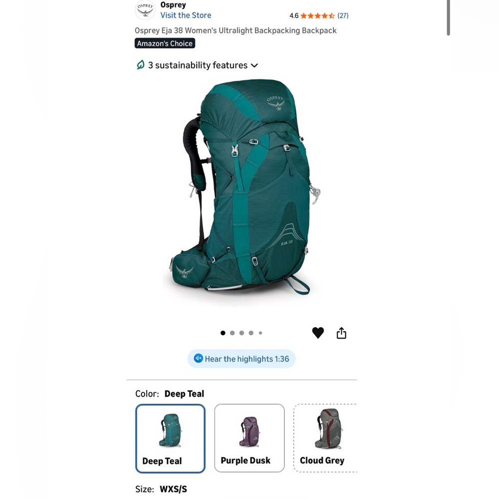 OSPREY Eja 38 Women’s XS/S Backpack plus 2.5L Water Reservoir and Cleaning Kit - Picture 2 of 5
